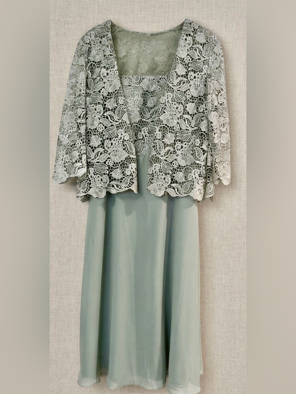 Alex Evenings Sage Green Lace Chiffon Jacket Gown Set - Size L
